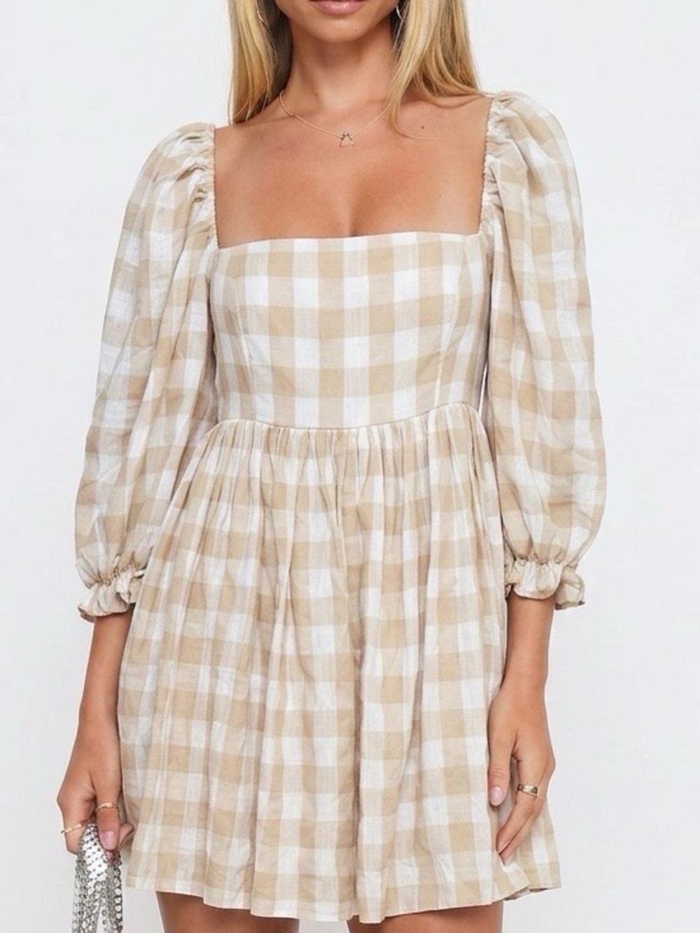 Mable Beige & White Gingham Mini Babydoll Dress Small